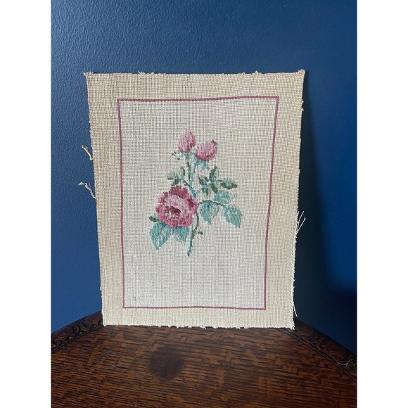Other - Vintage Needlepoint Rose Floral Canvas Handmade Cottagecore Grandmillennial